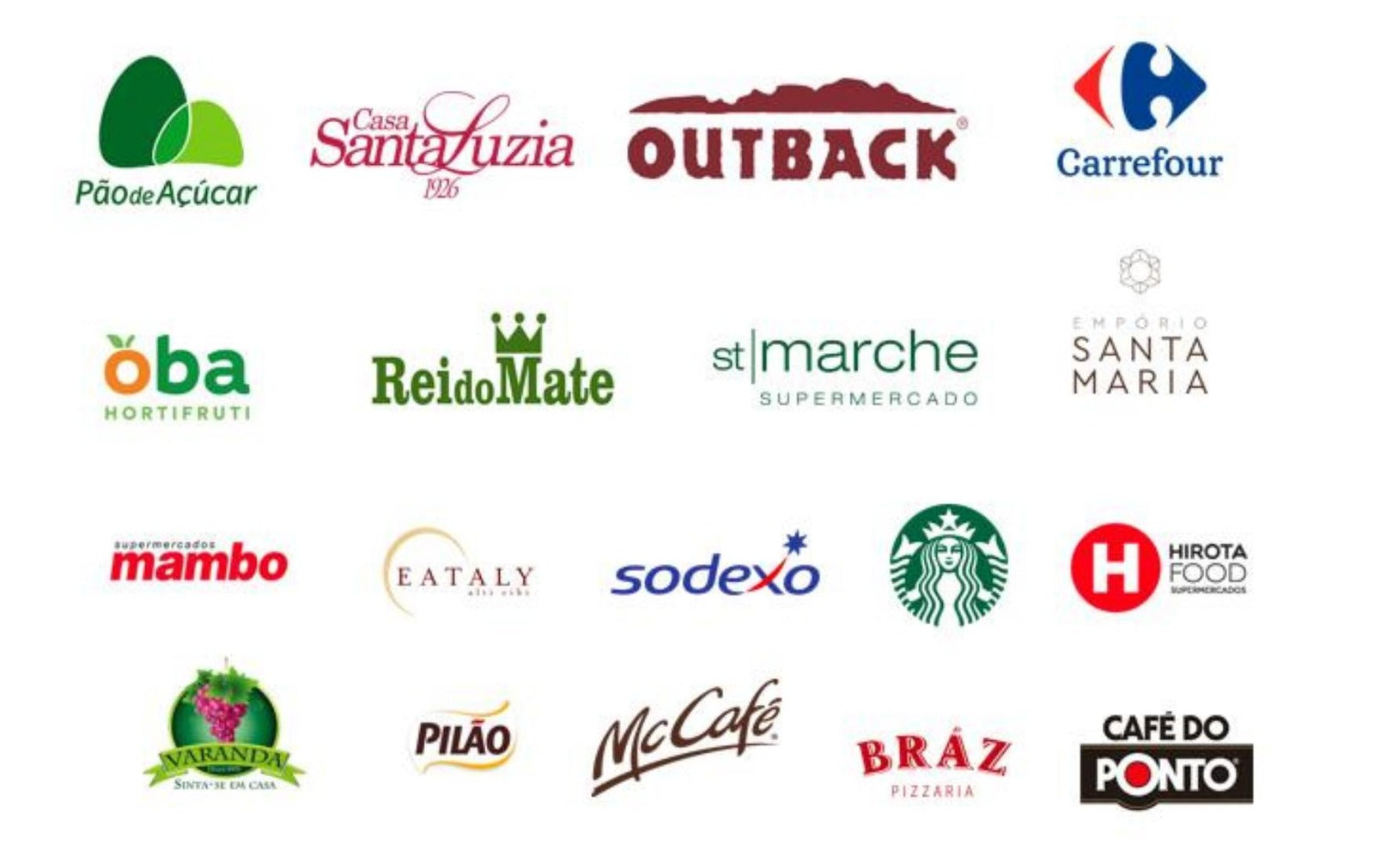 Clientes NUT — Pão de Açúcar, Casa Santa Luzia, Outback, Carrefour, Oba Hortifruti, Rei do Mate, St Marche, Empório Santa Maria, Mambo, Eataly, Sodexo, Starbucks, Hirota Food, Varanda, Pilão, McCafé, Bráz Pizzaria, Café do Ponto